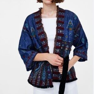 Zara Women's Beaded Fringe Boho Kimono Jacket Embroidered Oversized Small Boho